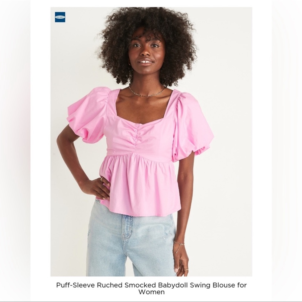 Old Navy Bright Pink Puff-Sleeve Ruched Smocked Babydoll Swing Blouse size L